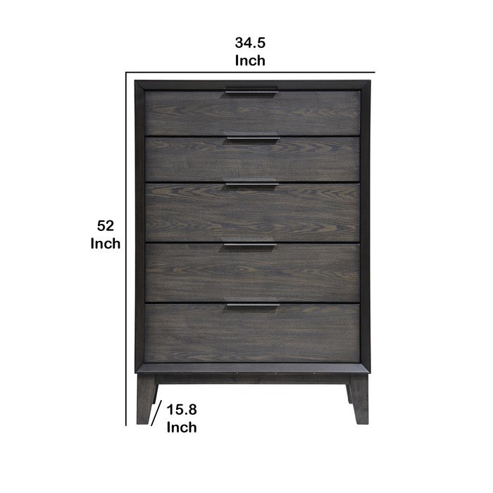 Contemporary 5 Drawer Chest with Metal Pulls and Grain Details, Gray