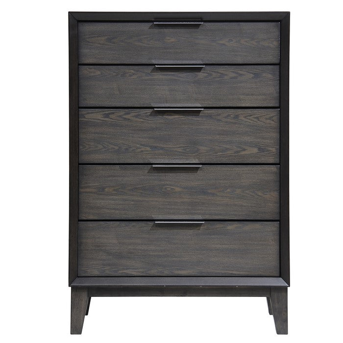Contemporary 5 Drawer Chest with Metal Pulls and Grain Details, Gray