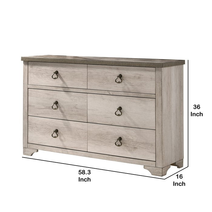 6 Drawer Wooden Dresser with Metal Ring Pulls, Weathered Brown