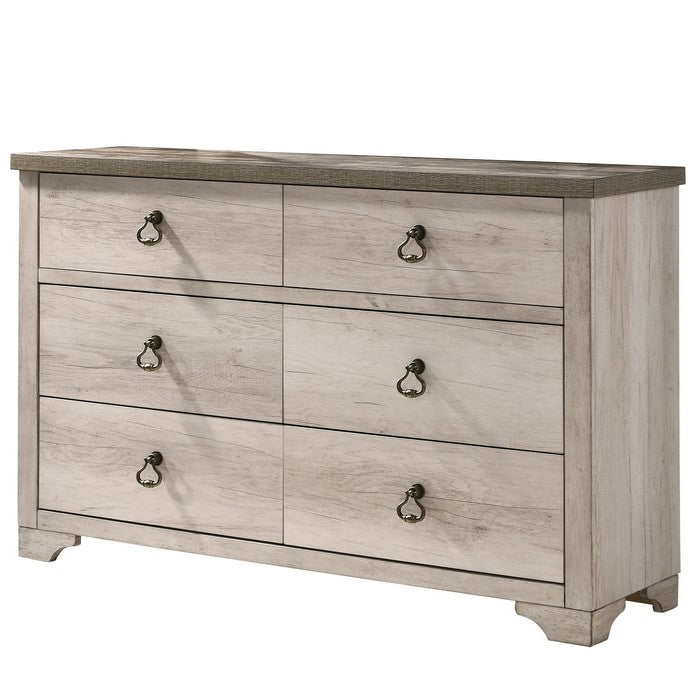 6 Drawer Wooden Dresser with Metal Ring Pulls, Weathered Brown