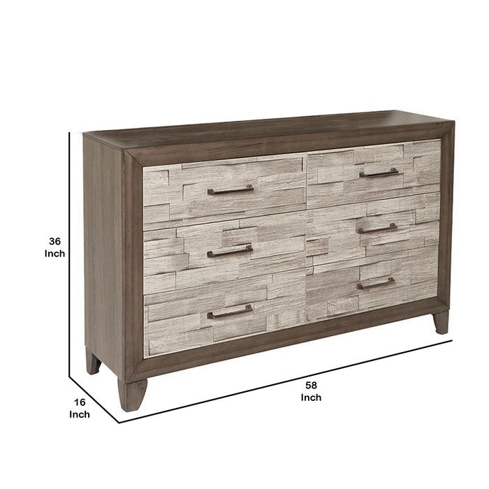 Plank Style Two Tone 6 Drawer Dresser with Chamfered Legs, Brown
