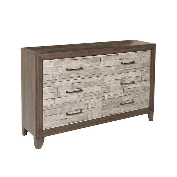 Plank Style Two Tone 6 Drawer Dresser with Chamfered Legs, Brown