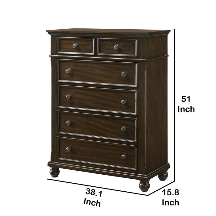6 Drawer Traditional Style Chest with Knobs and Bun Feet, Brown