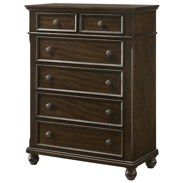 6 Drawer Traditional Style Chest with Knobs and Bun Feet, Brown