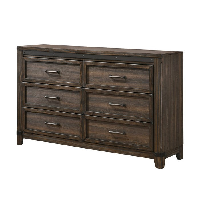 Farmhouse 6 Drawer Dresser with Metal Accents and Chamfered Legs, Brown