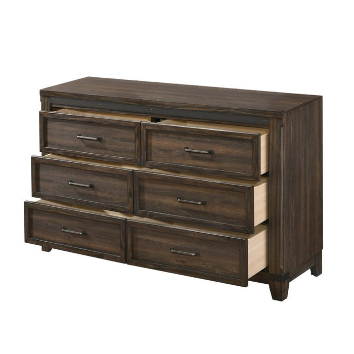 Farmhouse 6 Drawer Dresser with Metal Accents and Chamfered Legs, Brown