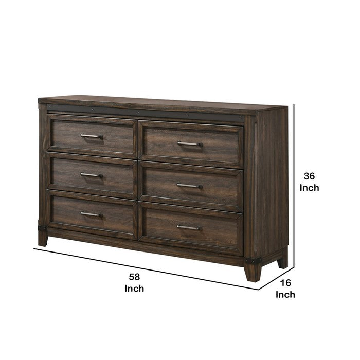 Farmhouse 6 Drawer Dresser with Metal Accents and Chamfered Legs, Brown