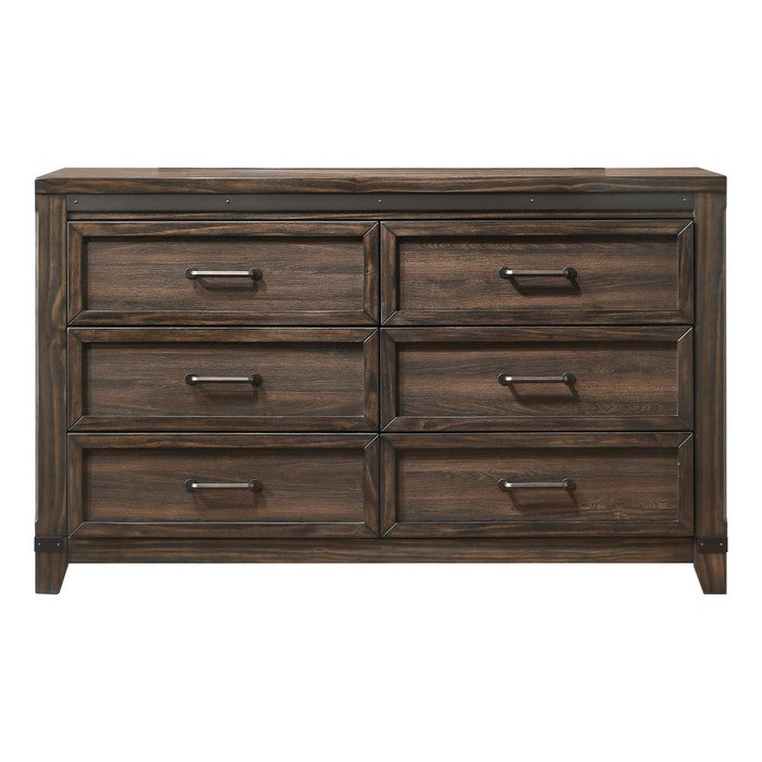 Farmhouse 6 Drawer Dresser with Metal Accents and Chamfered Legs, Brown