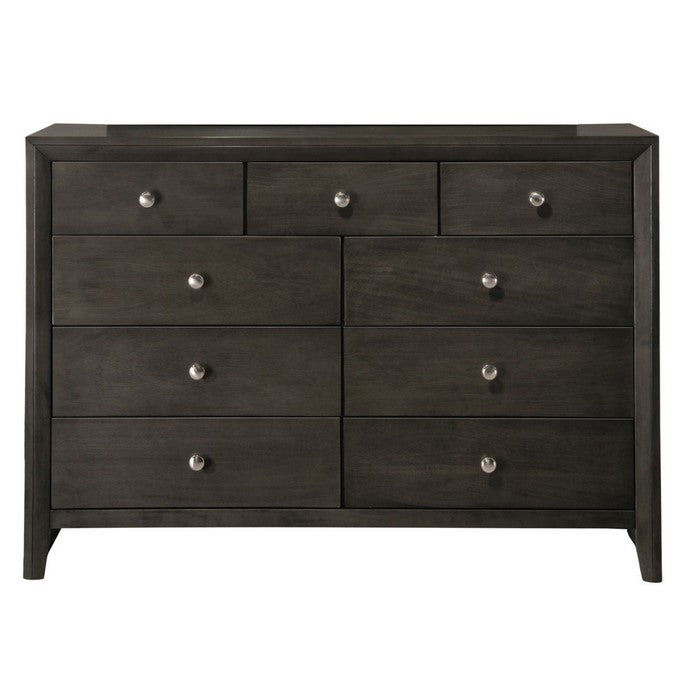 9 Drawer Dresser with Metal Knobs and Chamfered Feet, Gray