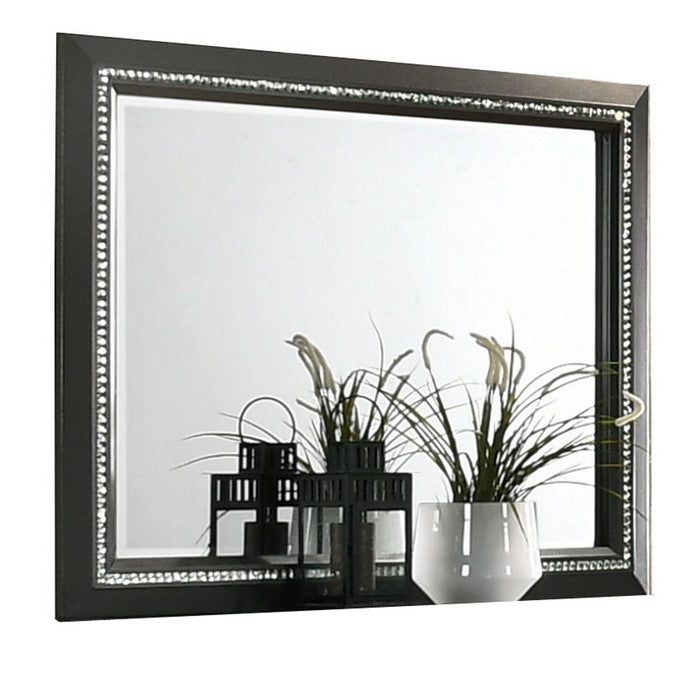 Rectangular Frame Mirror with Faux Crystal Inlay, Dark Gray and Silver
