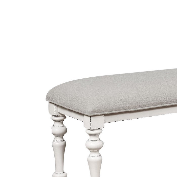 Transitional Style Fabric Padded Bench with Turned Legs, Gray and White
