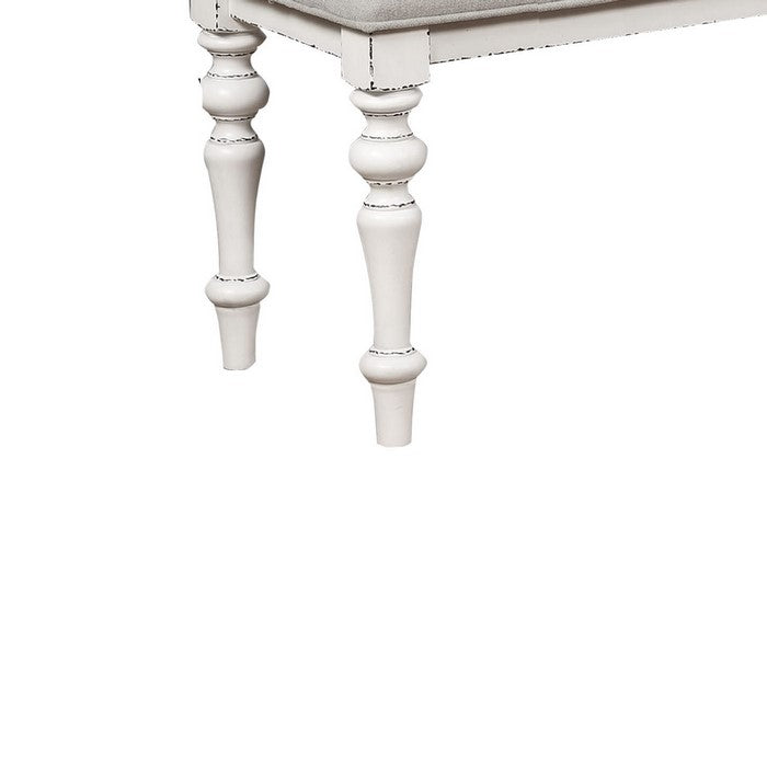 Transitional Style Fabric Padded Bench with Turned Legs, Gray and White