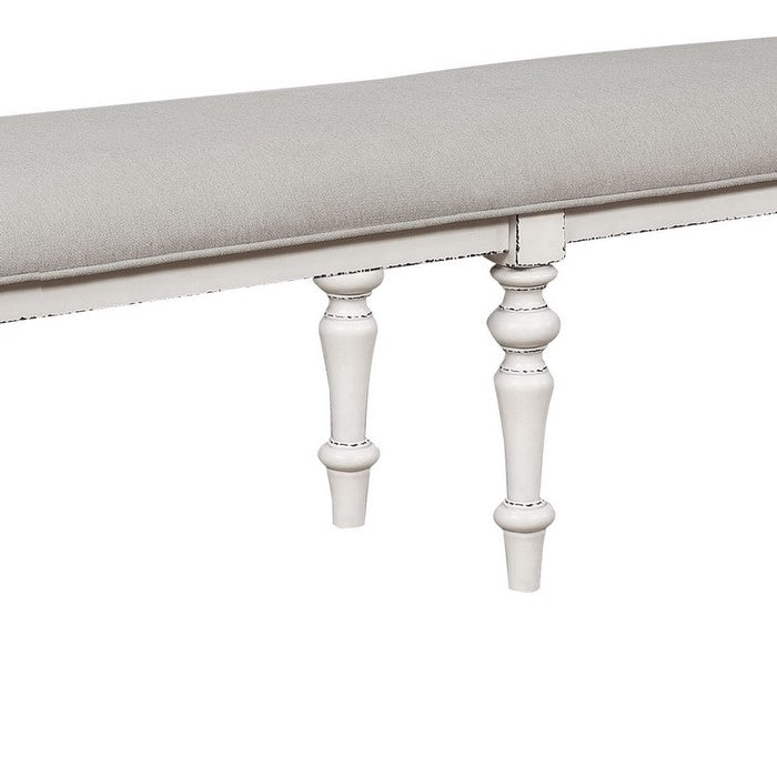 Transitional Style Fabric Padded Bench with Turned Legs, Gray and White