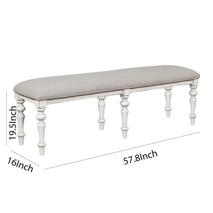 Transitional Style Fabric Padded Bench with Turned Legs, Gray and White