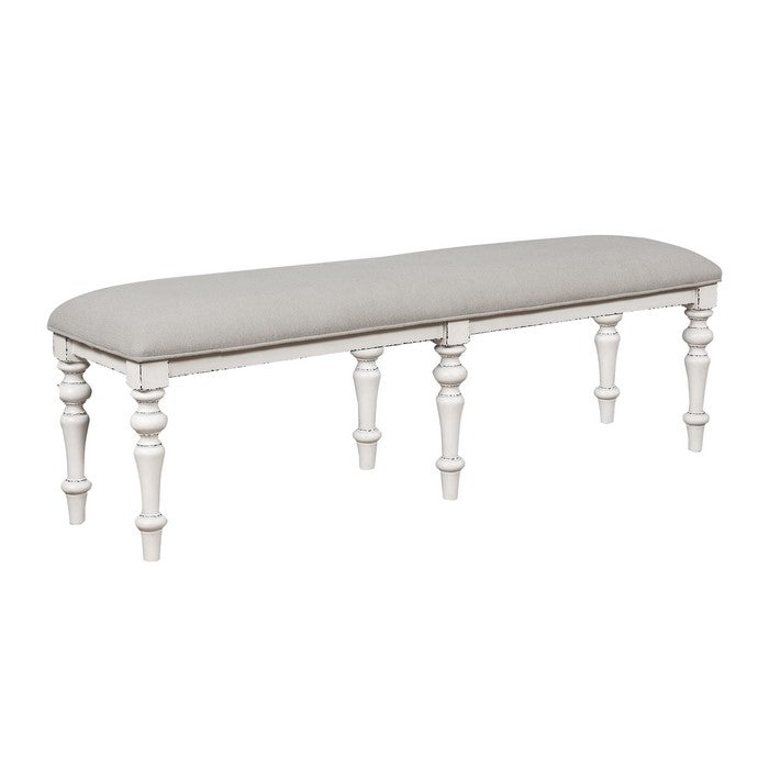 Transitional Style Fabric Padded Bench with Turned Legs, Gray and White