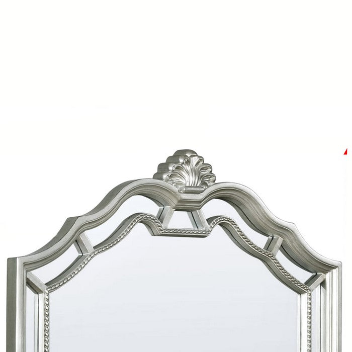 Scalloped Design Mirror with Crown Top and Wooden Molded Details, Silver