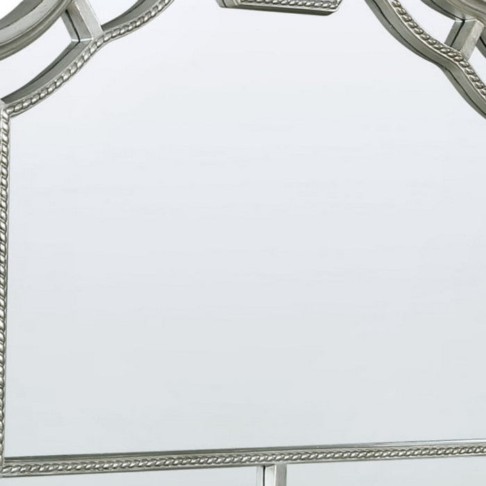 Scalloped Design Mirror with Crown Top and Wooden Molded Details, Silver