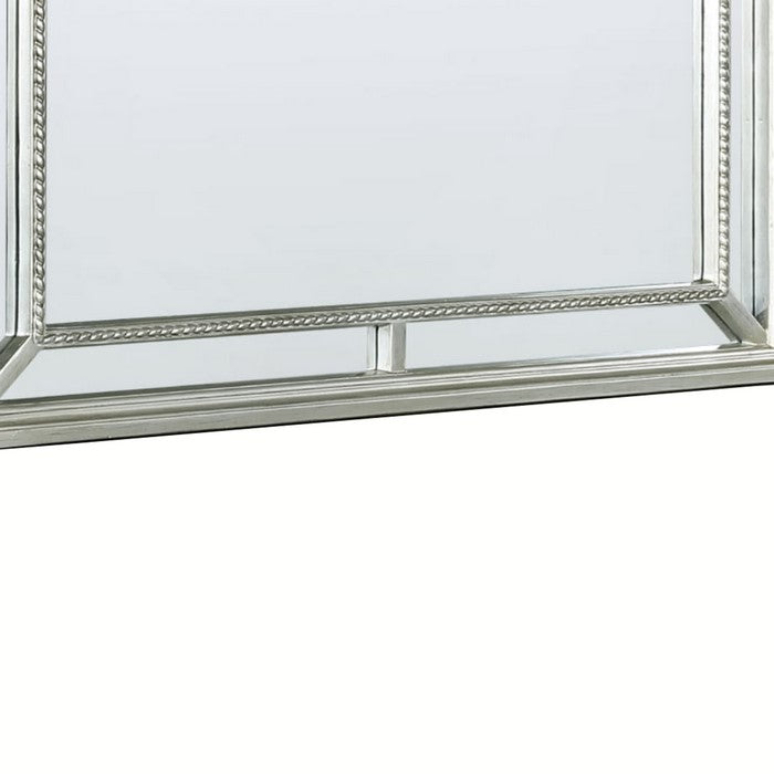 Scalloped Design Mirror with Crown Top and Wooden Molded Details, Silver