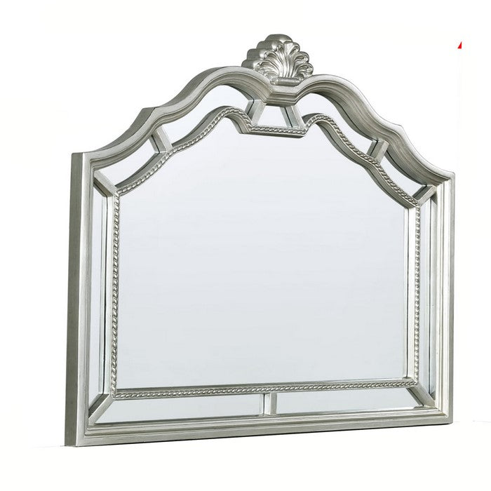 Scalloped Design Mirror with Crown Top and Wooden Molded Details, Silver