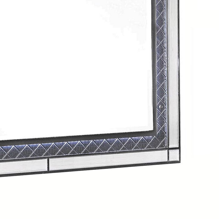 LED Trim Wooden Frame Mirror with Diamond Pattern, Gray and Silver