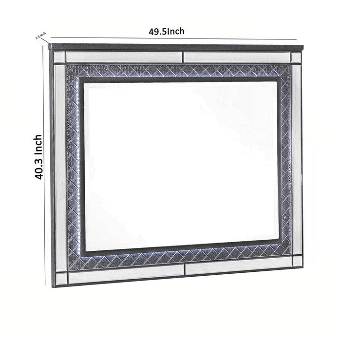 LED Trim Wooden Frame Mirror with Diamond Pattern, Gray and Silver