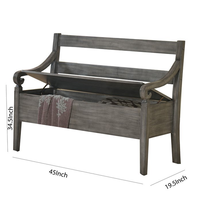 Ladder Back Design Bench with Lift Top Storage and Sloped Armrests, Gray