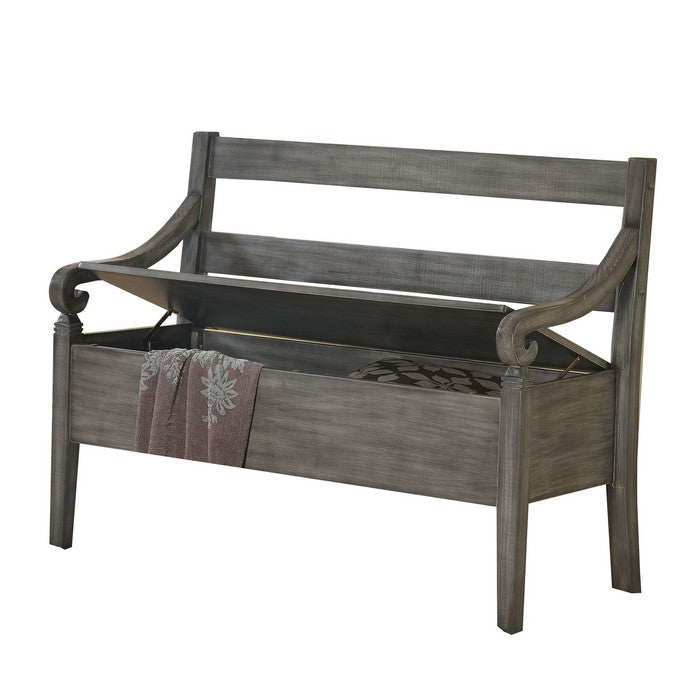 Ladder Back Design Bench with Lift Top Storage and Sloped Armrests, Gray