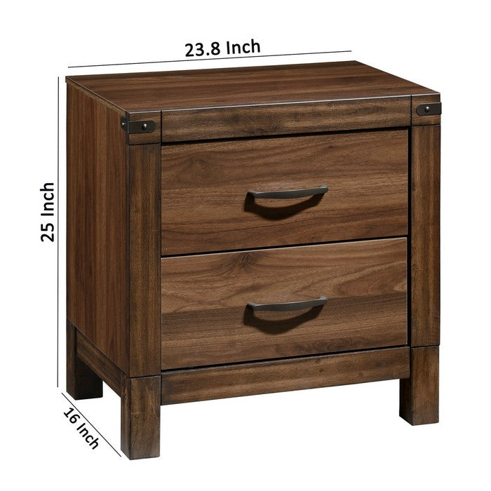 2 Drawer Transitional Style Nightstand with Woodgrain Details, Brown