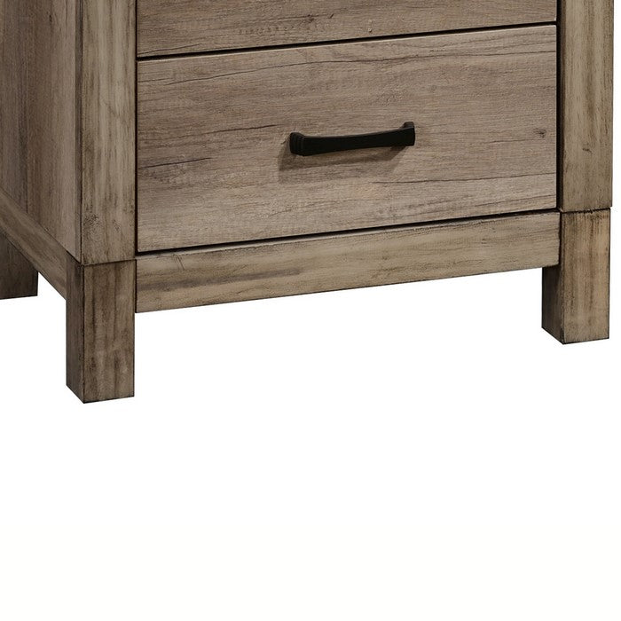 2 Drawer Rustic Nightstand with Bar Pulls and Block Feet, Weathered Gray