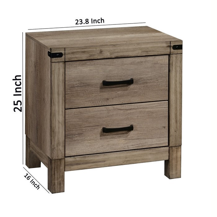 2 Drawer Rustic Nightstand with Bar Pulls and Block Feet, Weathered Gray