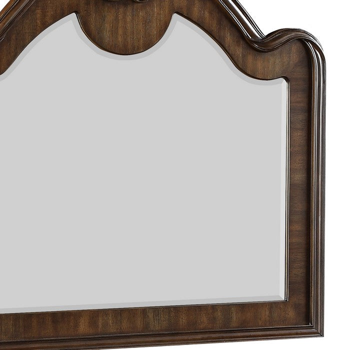 Wooden Scalloped Design Frame Mirror with Crown Top, Brown - BM215331