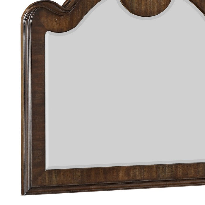 Wooden Scalloped Design Frame Mirror with Crown Top, Brown - BM215331