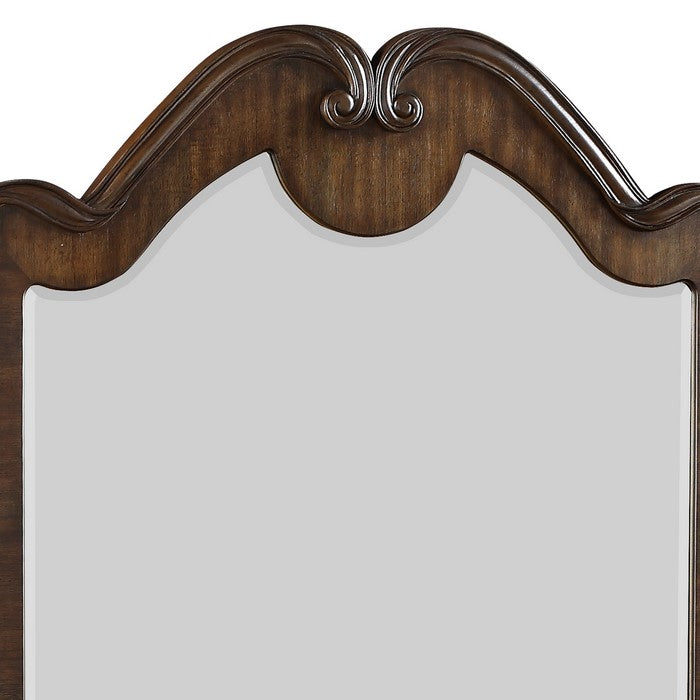 Wooden Scalloped Design Frame Mirror with Crown Top, Brown - BM215331