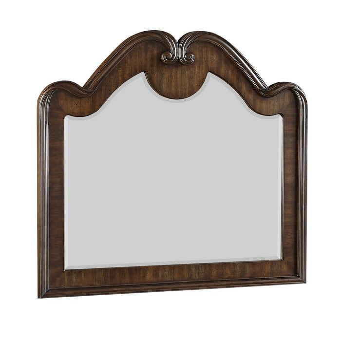 Wooden Scalloped Design Frame Mirror with Crown Top, Brown - BM215331
