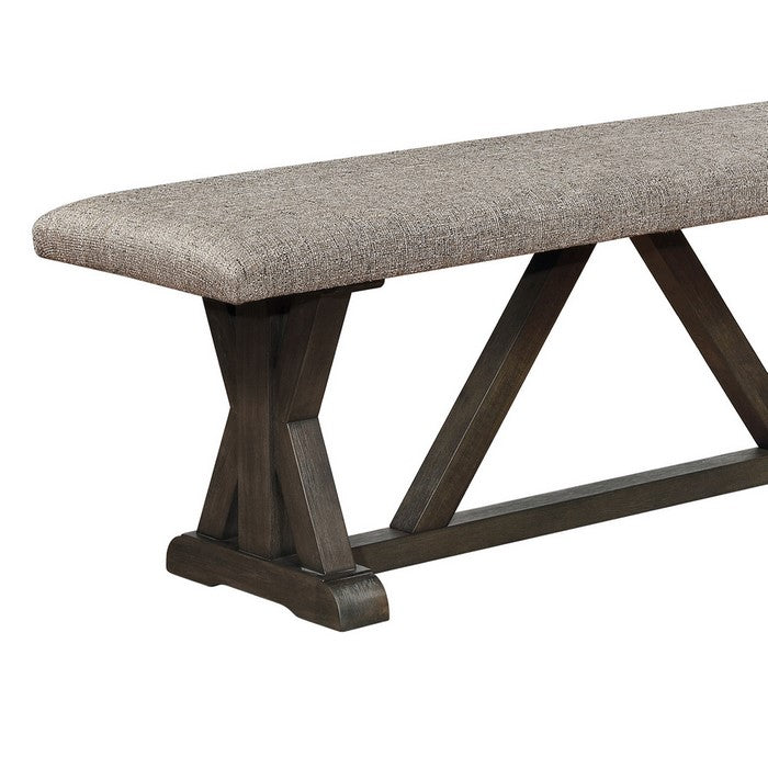 Fabric Upholstered Padded Bench with X Shaped Pedestal Trestle Base, Gray