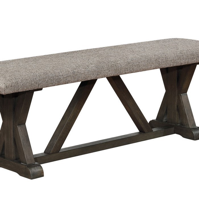 Fabric Upholstered Padded Bench with X Shaped Pedestal Trestle Base, Gray