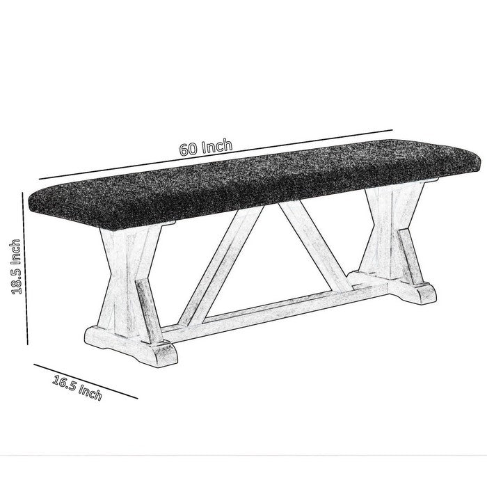 Fabric Upholstered Padded Bench with X Shaped Pedestal Trestle Base, Gray