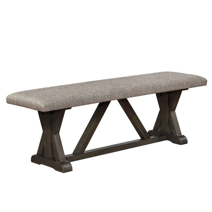 Fabric Upholstered Padded Bench with X Shaped Pedestal Trestle Base, Gray