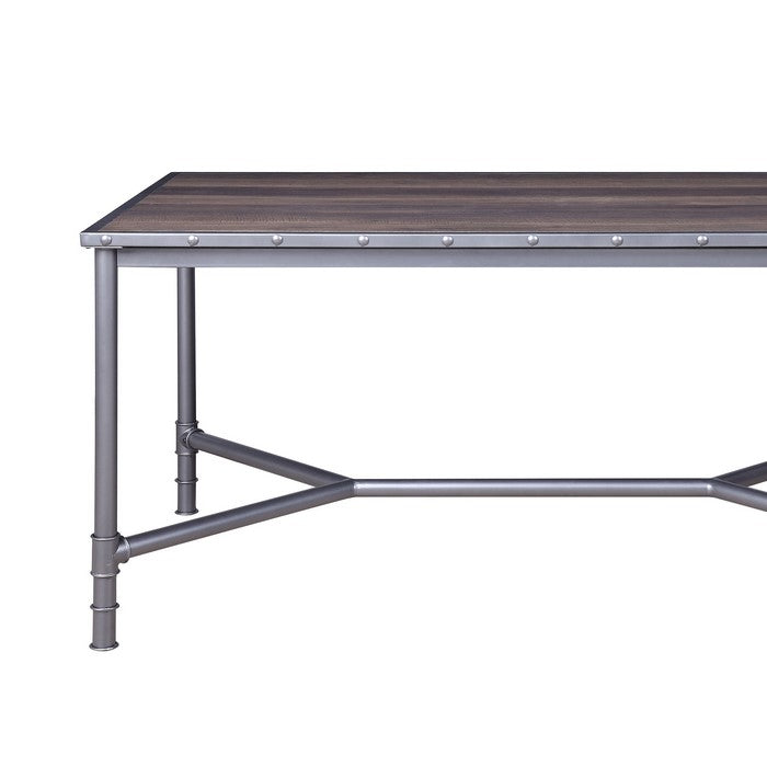 Pipe Design Base Industrial Dining Table with Studded Nails,Gray and Brown