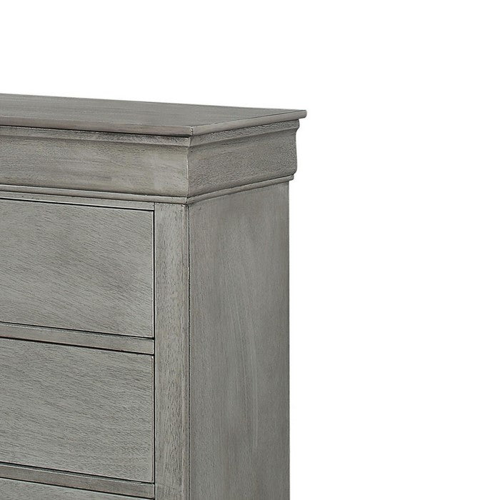 5 Drawer Transitional Wooden Chest with Bracket Feet and Hanging Pull, Gray