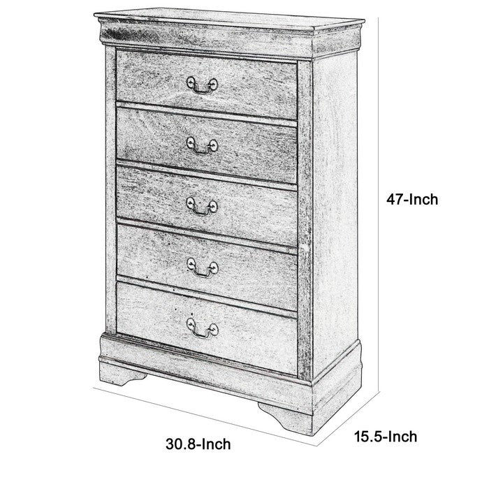 5 Drawer Transitional Wooden Chest with Bracket Feet and Hanging Pull, Gray