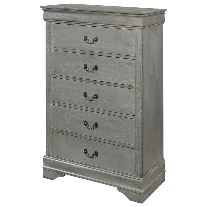 5 Drawer Transitional Wooden Chest with Bracket Feet and Hanging Pull, Gray