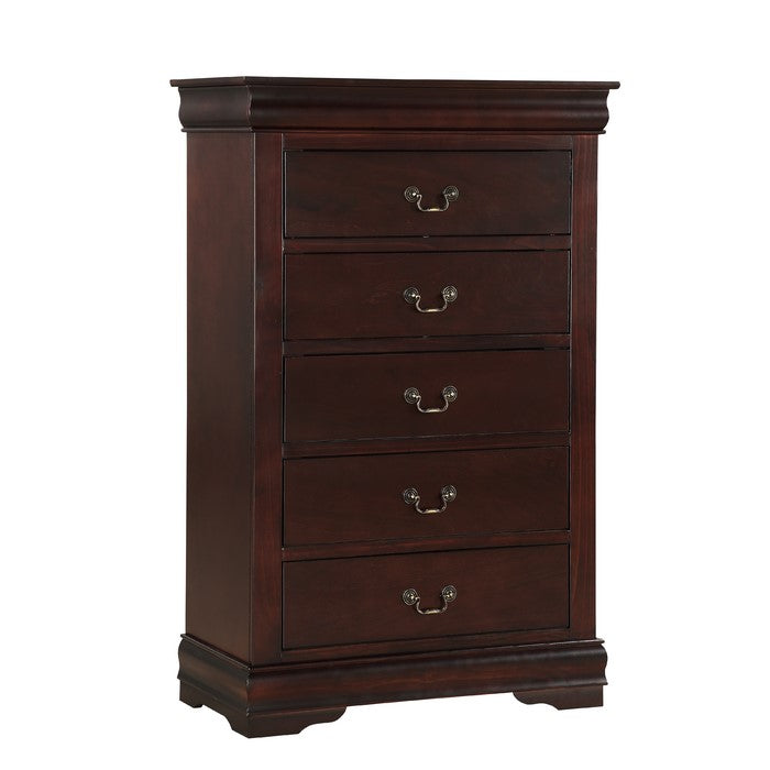 5 Drawer Transitional Chest with Bracket Feet and Hanging Pull, Brown