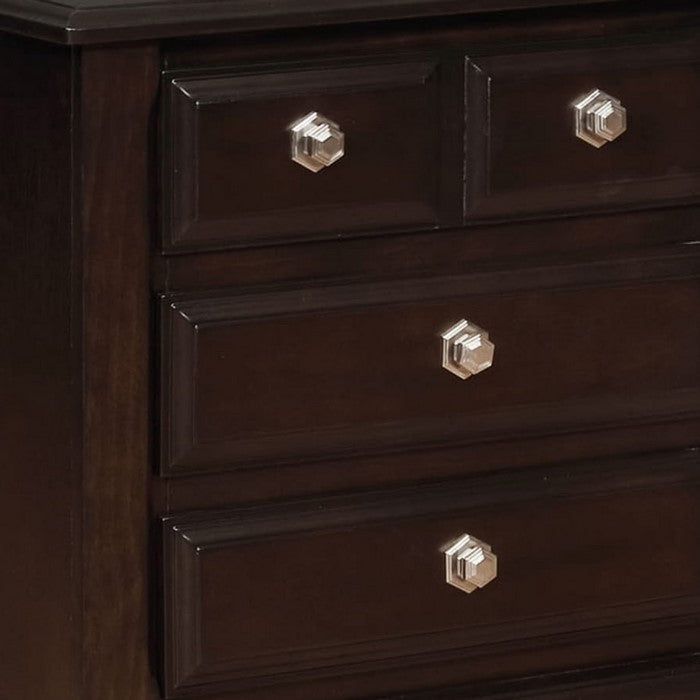 4 Drawer Transitional Style Nightstand with Hexagonal Pulls, Dark Brown