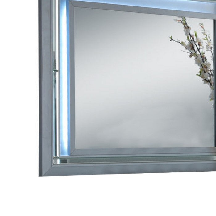 Contemporary Style Rectangular Wooden Frame Mirror with LED Lights, Silver