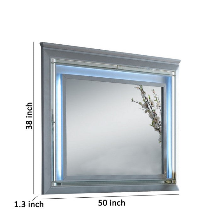 Contemporary Style Rectangular Wooden Frame Mirror with LED Lights, Silver