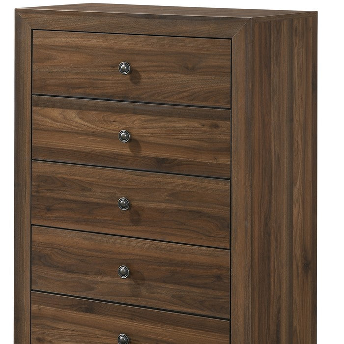 5 Drawer Transitional Chest with Metal Knobs and Woodgrain Details, Brown - BM215342