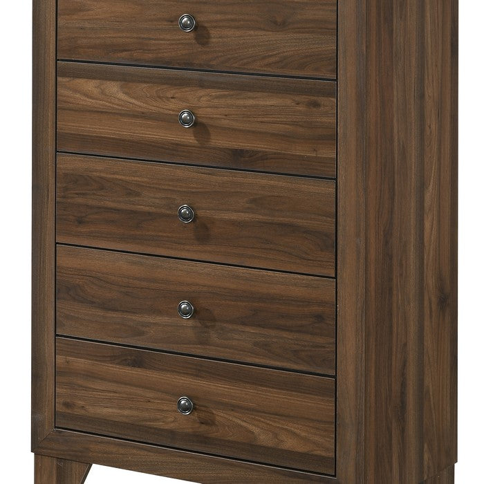 5 Drawer Transitional Chest with Metal Knobs and Woodgrain Details, Brown - BM215342