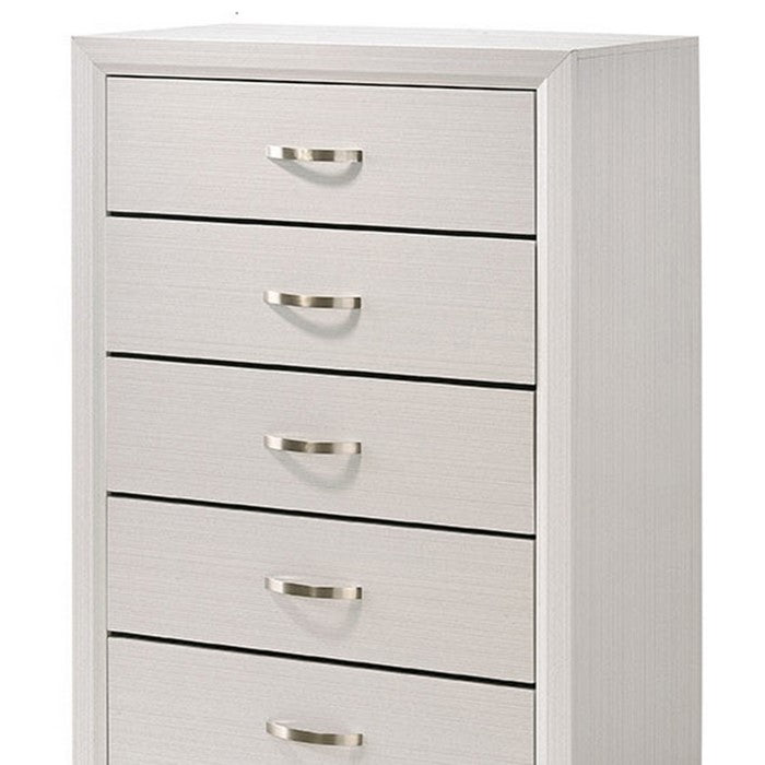 Transitional 5 Drawer Chest with Curved Handle and Chamfered Feet, White - BM215345