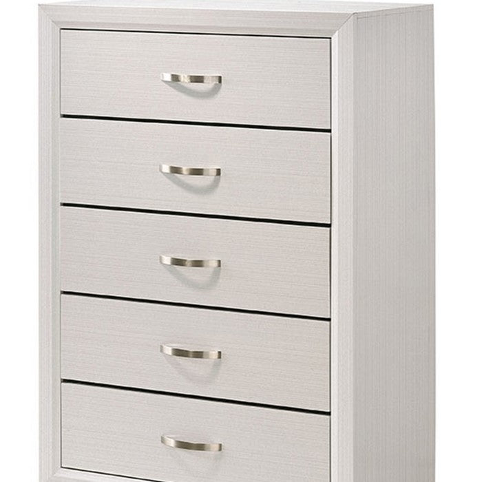 Transitional 5 Drawer Chest with Curved Handle and Chamfered Feet, White - BM215345